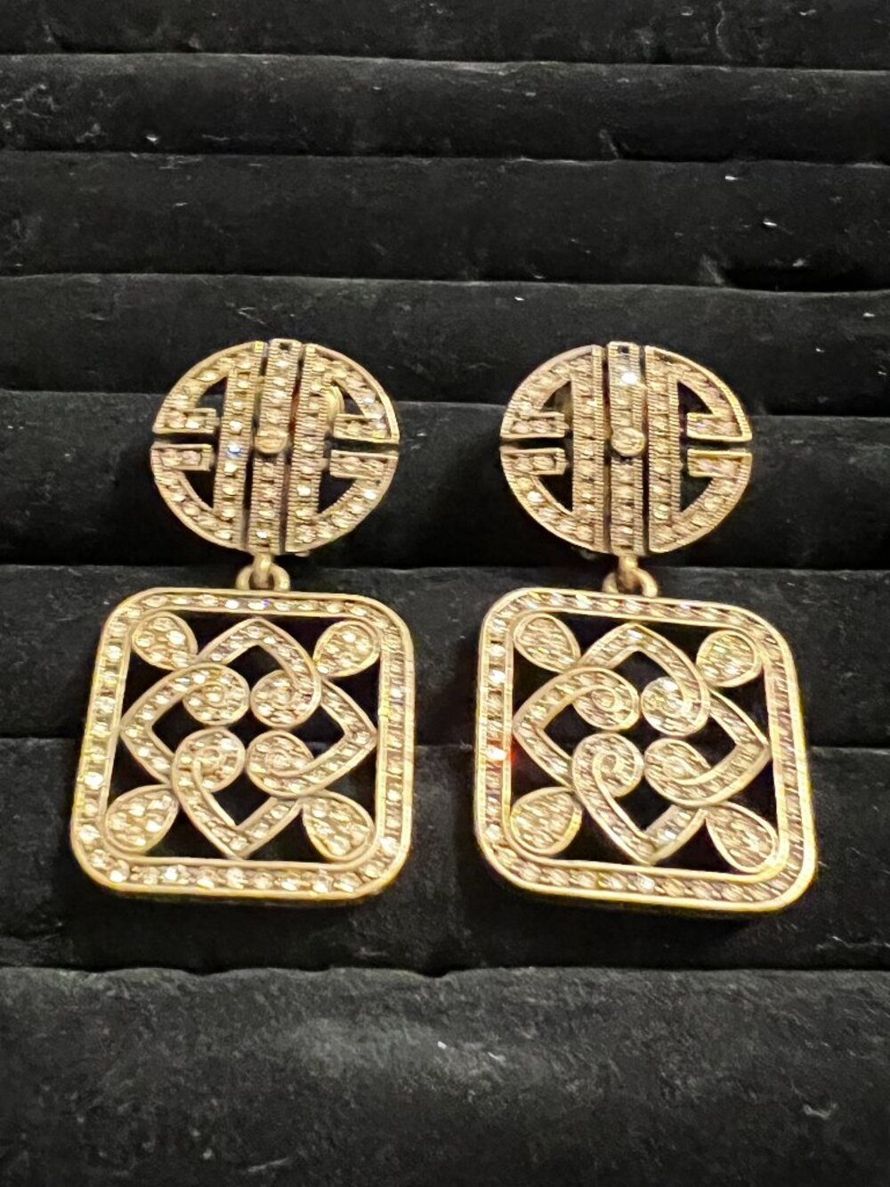 Heidi Daus VINTAGE - Gold Tone Square Crystal Rhinestone Clip-On Earring